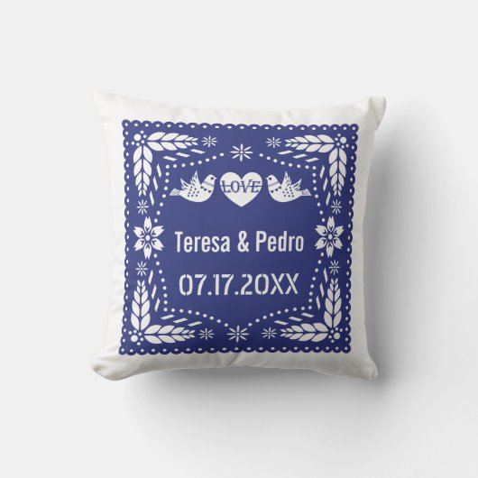 Blauwe papel picado houden van vogels die bruiloft kussen (Voorkant)