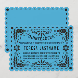 Blauwe papel picado Quinceañera Kaart