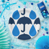 Blauwe paraplu en regendruppelpatroon ontwerp papieren bordje (Feest)