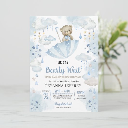 Blauwe Paraplu Teddybeer Baby Sprinkle Baby Shower Kaart (Staand voorkant)