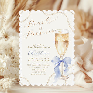 Blauwe parels en prosecco bruids douche uitnodigin kaart