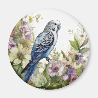 Blauwe parkiet en bloemen magneet