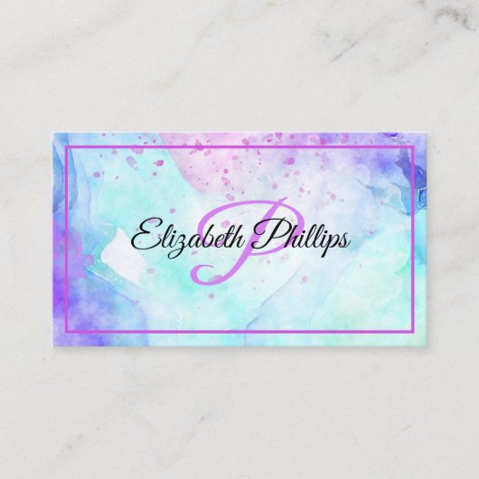 Blauwe pasta-Waterverven met monogram letter Visitekaartje (Voorkant)