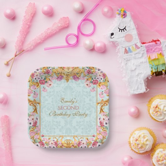 Blauwe pastel goud tweede barokke rococo verjaarda papieren bordje (Feest)