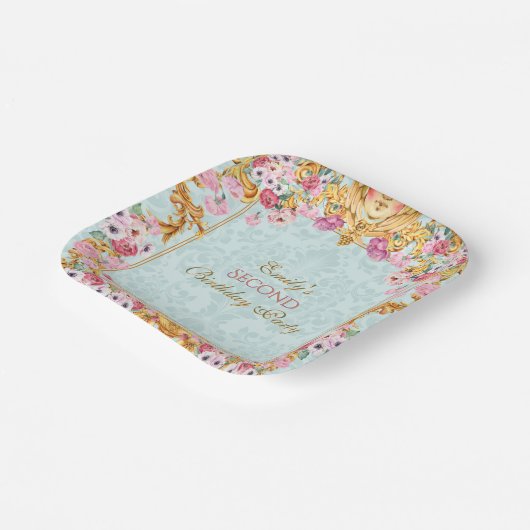 Blauwe pastel goud tweede barokke rococo verjaarda papieren bordje (Gebogen)