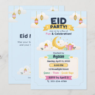Blauwe Pastel Hemel Kinderen Eid Feest Maan & Lant Kaart