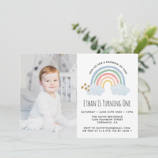 Blauwe Pastel Regenboog van Plezier 1e Verjaardag Kaart (Staand voorkant)