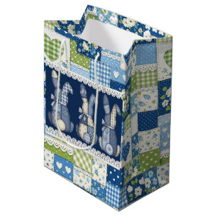 Blauwe Patchwork Konijnen Medium Cadeauzakje