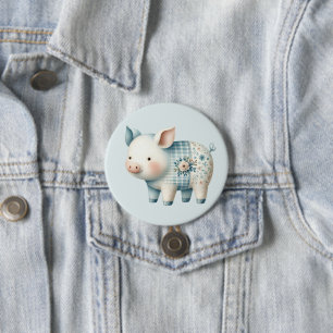 Blauwe Patchwork Varkenshuis Cottagecore Illustrat Ronde Button 7,6 Cm