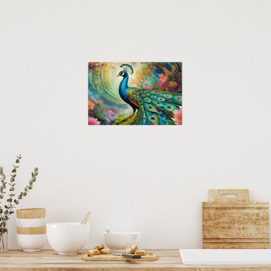 Blauwe pauw in tropisch landschap poster (Keuken)