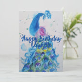 Blauwe Pauw Kunst Watercolour Verjaardagsuitnodigi Kaart (Staand voorkant)