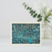 blauwe pauw met losse staart briefkaart (Staand voorkant)