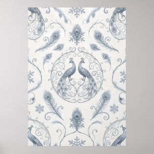 Blauwe Pauw Sneeuwvlok Winter Patroon Poster