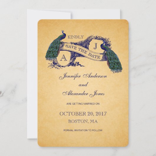 Blauwe Pauw Vintage Trouwdatum Aankondiging (Voorkant)