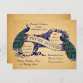 Blauwe Pauw Vintage Trouwontvangst Uitnodiging (Voorkant / Achterkant)