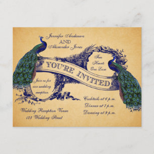Blauwe Pauw Vintage Trouwreceptie Uitnodiging