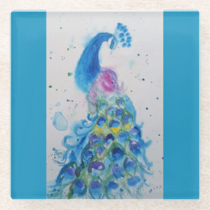 Blauwe Pauw Waterverf Teal Blauwe Vogel Vogels Glazen Onderzetter