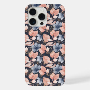 Blauwe, perzik en gouden bloemen iPhone 15 pro max hoesje