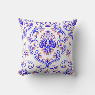 Blauwe perzik en witte Damask Floral Pattern Elega Kussen