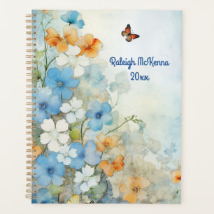 Blauwe, perzik en witte wilde bloemen Waterverf Planner