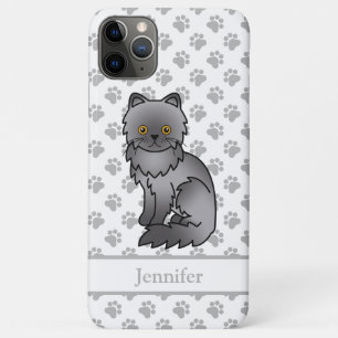 Blauwe Perzische Mopshond Cute Cartoon Kat & Naam iPhone 11 Pro Max Hoesje