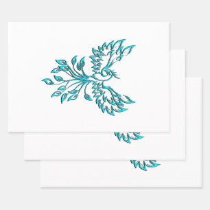 Blauwe Phoenix Rijst op Wit Inpakpapier Vel