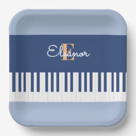 Blauwe Piano Toetsenbord Muziek Sleutels Monogramm Papieren Bordje