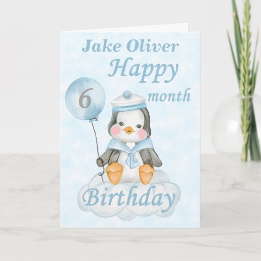 Blauwe pinguïn 6 maanden kaart (Voorkant)