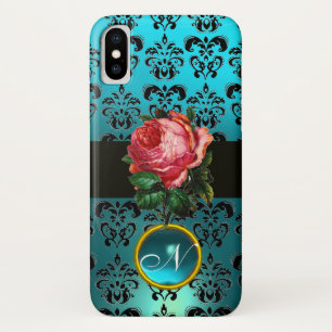 BLAUWE PINK ROSE BLAUW ZWARTE DAMASK GEM MONOGRAM iPhone X HOESJE