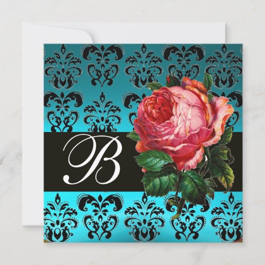 BLAUWE PINKROSE BLAUWE DAMASKMONOGRAM KAART (Voorkant)