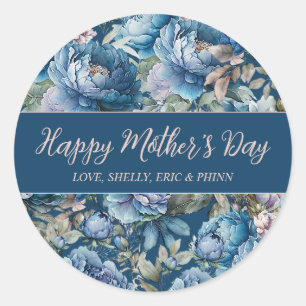 Blauwe pioen bloemmotief Happy Moederdag Ronde Sticker
