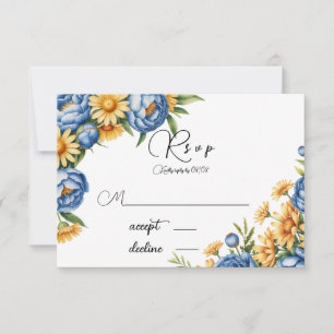 Blauwe Pioen en Gele Madeliefjes Bruiloft RSVP Kaartje