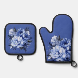 Blauwe pioenen bloemig elegant ovenwant & pannenlap set