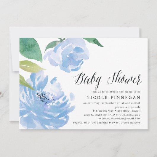 Blauwe Pioenrozen | Uitnodiging voor Baby Shower (Voorkant)