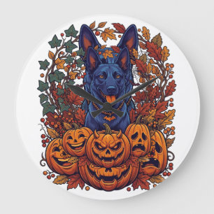 Blauwe Pitbull Halloween Pompoenen Herfstbladeren Grote Klok