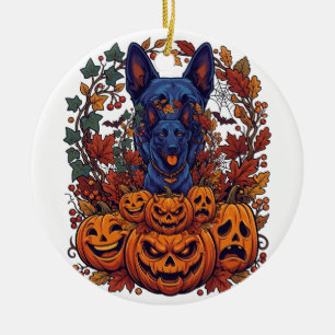 Blauwe Pitbull Halloween Pompoenen Herfstbladeren  Keramisch Ornament