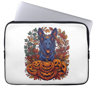 Blauwe Pitbull Halloween Pompoenen Herfstbladeren Laptop Sleeve