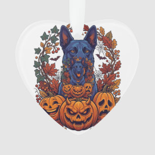 Blauwe Pitbull Halloween Pompoenen Herfstbladeren Ornament