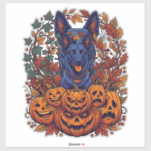 Blauwe Pitbull Halloween Pompoenen Herfstbladeren  Sticker
