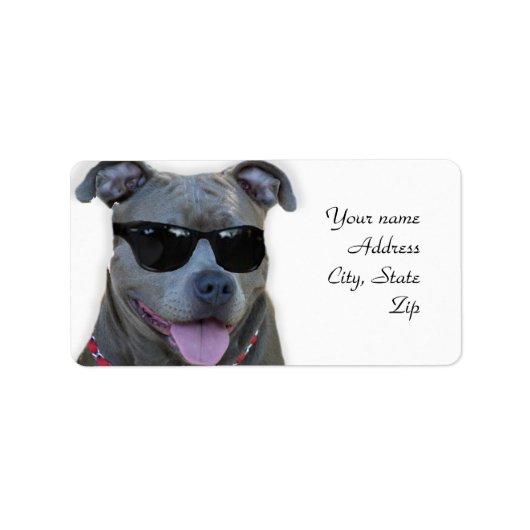 Blauwe pitbull met bril etiket (Voorkant)