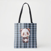 Blauwe Plaid Panda Draagtas (Voorkant)