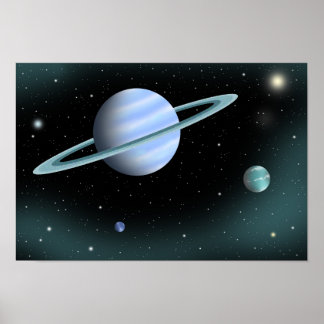 Blauwe planeet gekroond met ring. poster