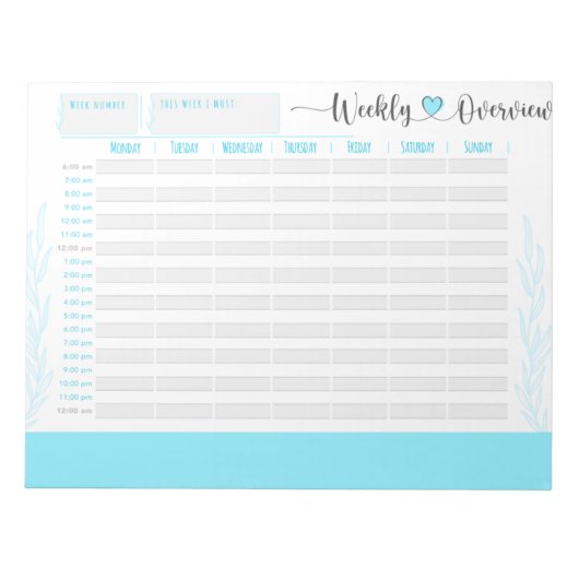 Blauwe planner en organisator, uur per uur notitieblok (Voorkant)