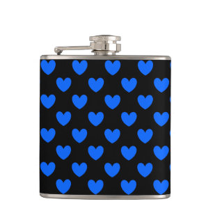 Blauwe polka harten in zwart heupfles