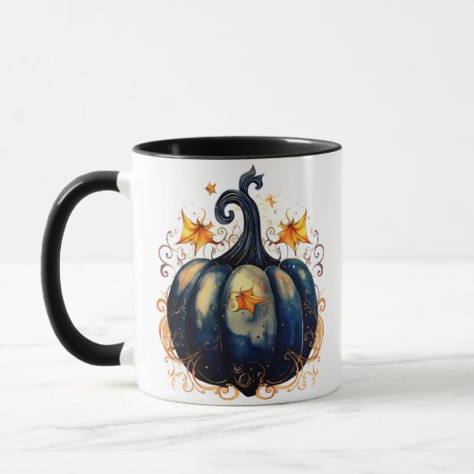 Blauwe pompoen gouden rollen bladeren Halloween Mok (Links)