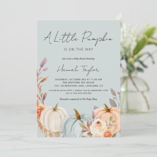 Blauwe pompoen Herfst Baby shower Kaart (Staand voorkant)