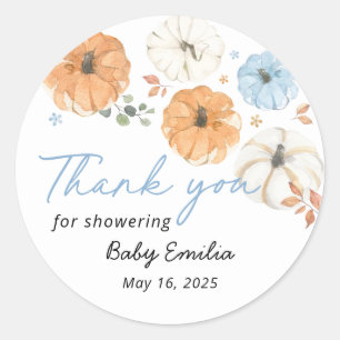 Blauwe Pompoen Jongen Baby Shower Bedank Favor Ronde Sticker