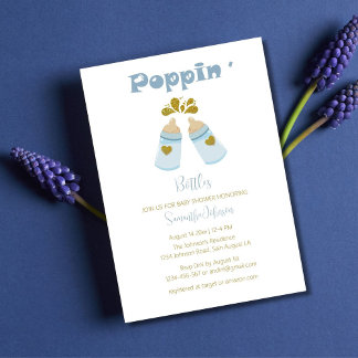 Blauwe Poppin Flessen Jongen Baby shower Kaart
