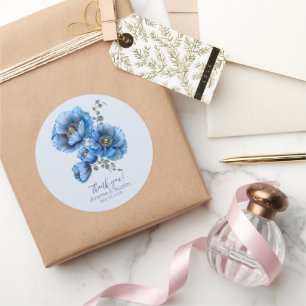 Blauwe Poppy Bloemen bruiloft Dank u Ronde Sticker