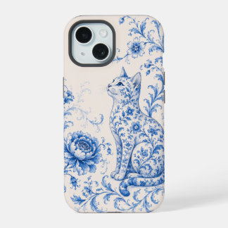 Blauwe Porseleinen Kat Bloemige Hoes voor Telefoon iPhone 15 Hoesje